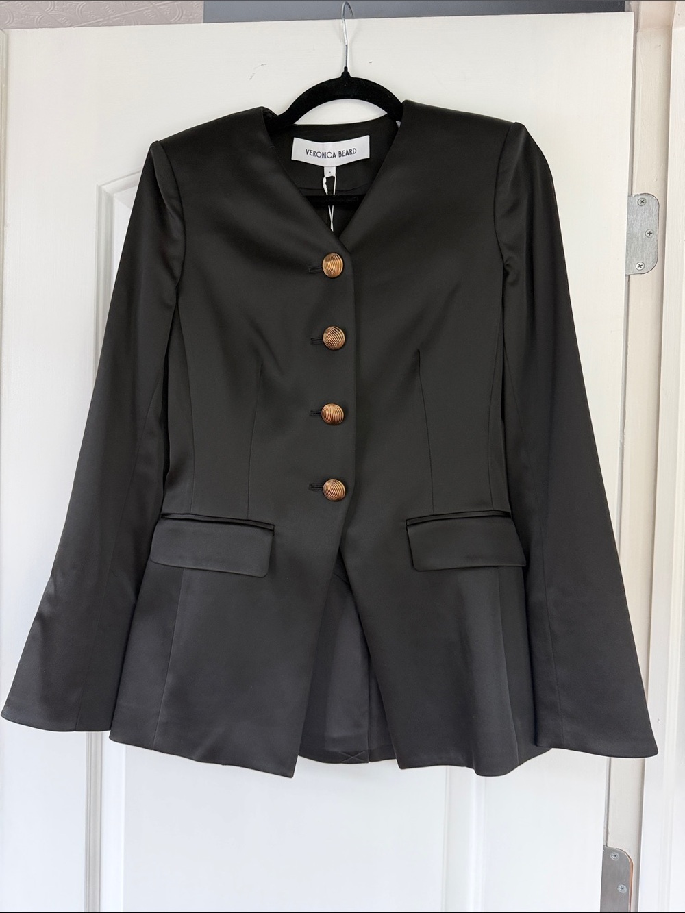 Veronica Beard Black Satin-Look Collarless Blazer with metal Buttons